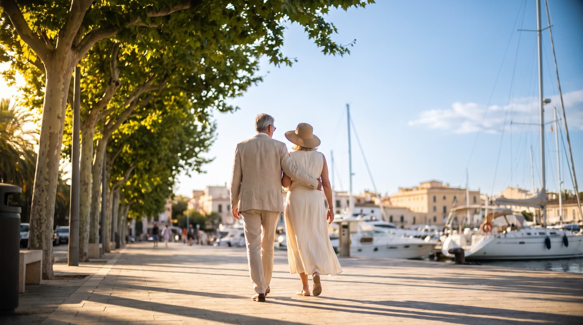 Paar spaziert Arm in Arm eine mediterrane Hafenpromenade entlang